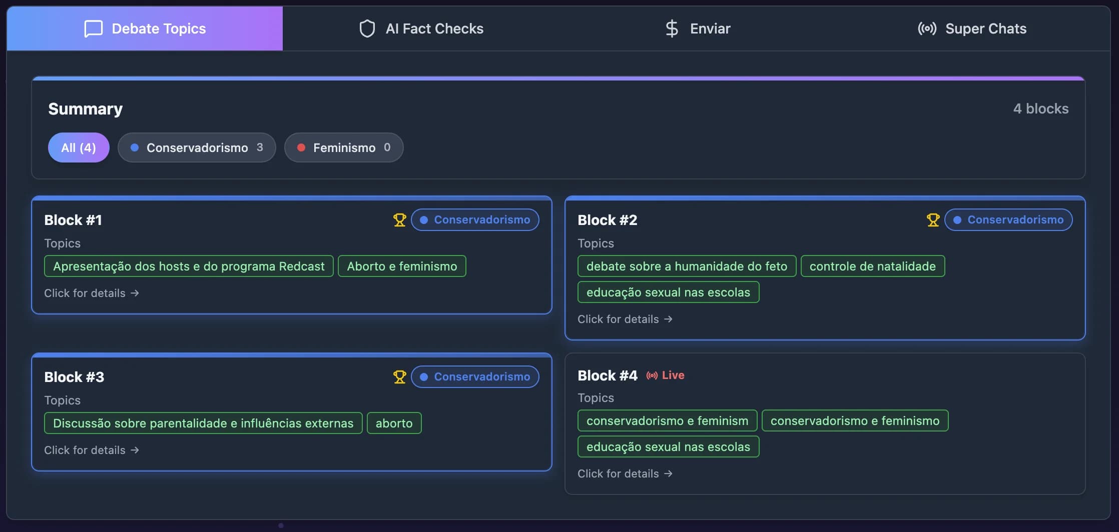 Debate topic blocks showing live analysis