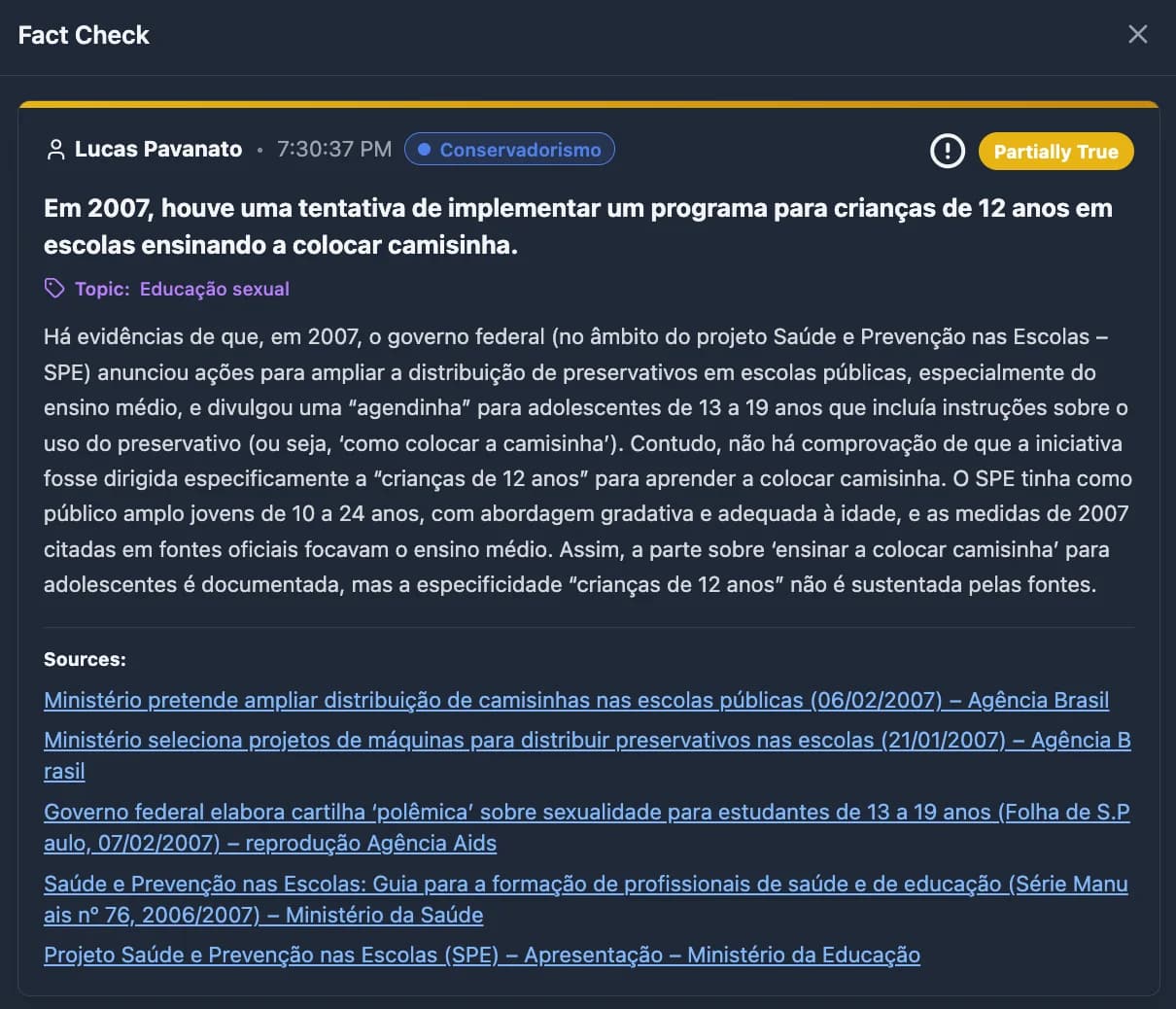 Fact check modal with sources and verification